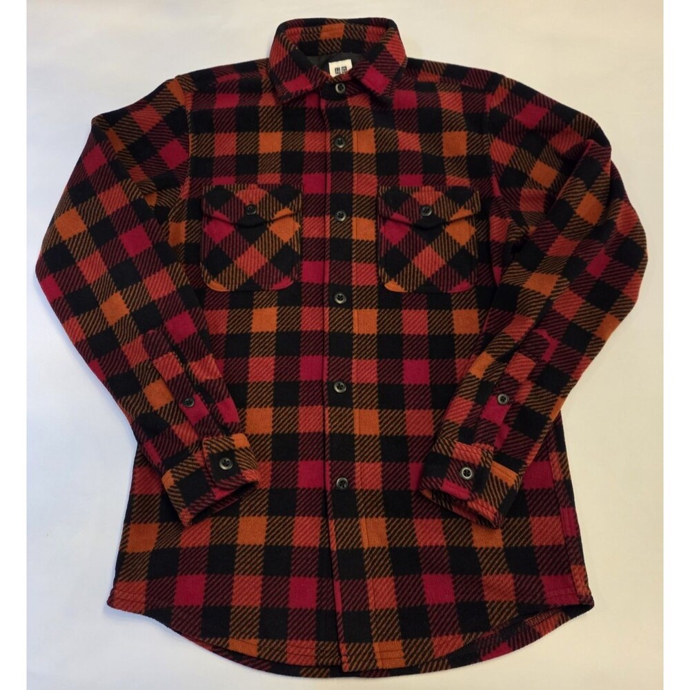 Uniqlo Fleece Shirt Mens XS Red Orange Black Plaid Button Front Cozy Outdoors